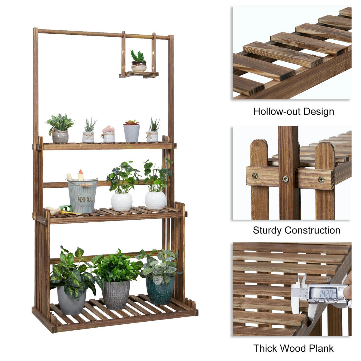 Wooden Hanging Plant Stand With Three Tier Flower Shelves
