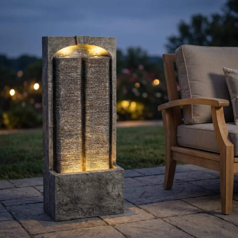 Cascading Outdoor Water Fountain With LED Lights And Quiet Pump