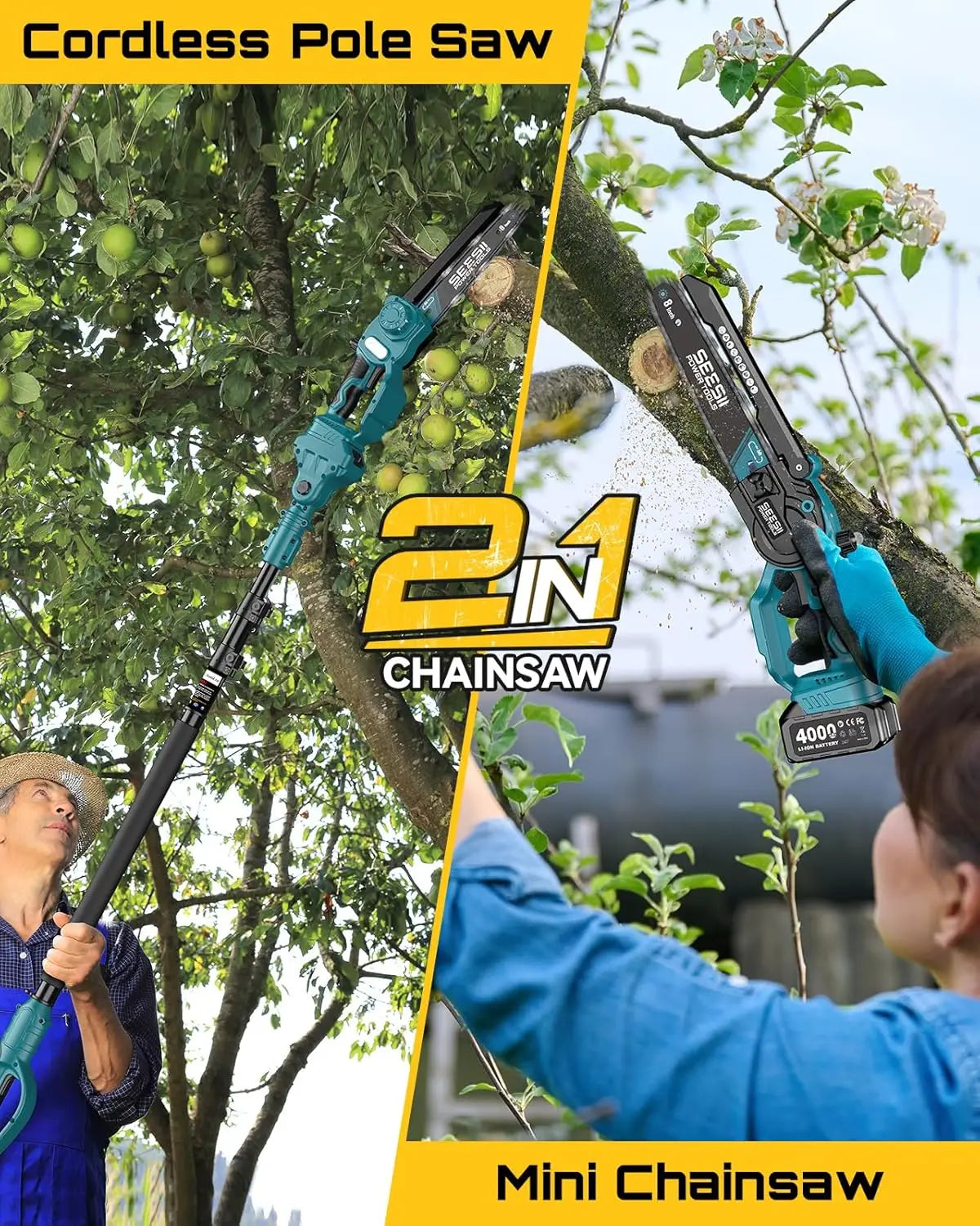 SEESII Brushless Cordless Chainsaw With Telescopic Pole For Tree Trimming
