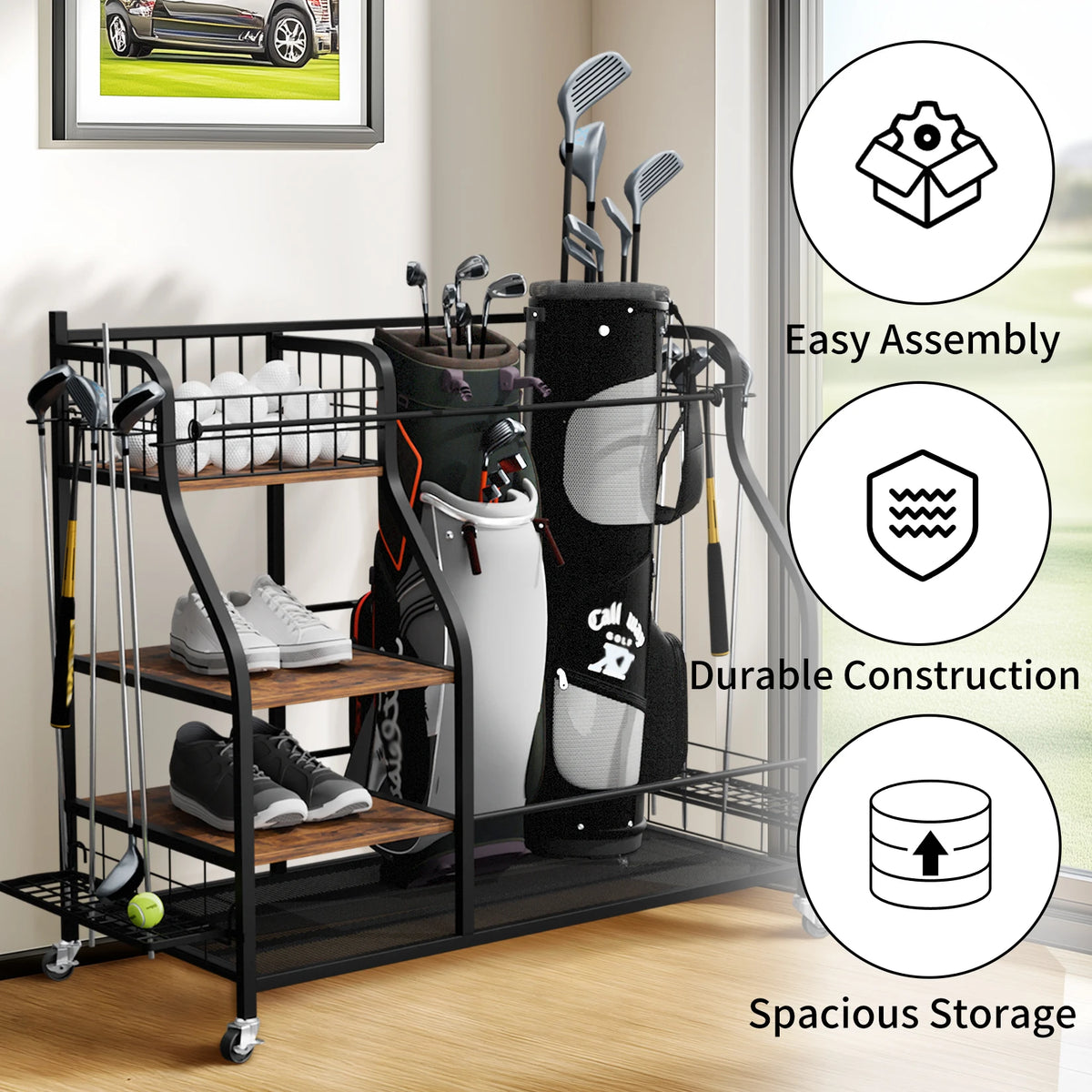 Rolling Golf Bag Storage Rack With Wheels And Metal Shelves