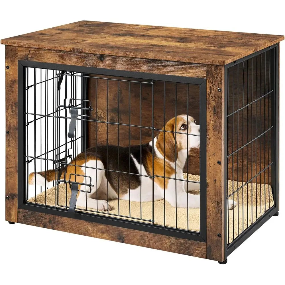 Wooden Dog Crate Furniture With Cushion And Double Door Kennel