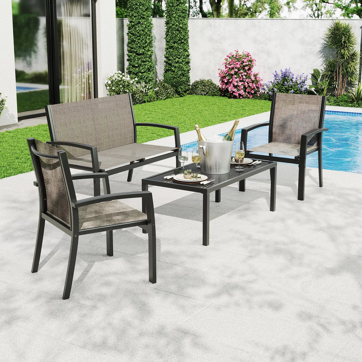 HiMISS Modern Metal Patio Furniture Set With Breathable Mesh Seating
