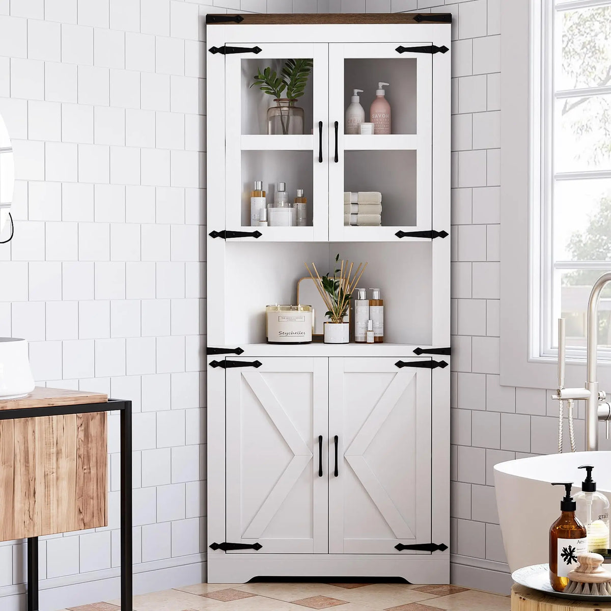 HiMISS Farmhouse Corner Cabinet With Glass Door And Adjustable Shelves