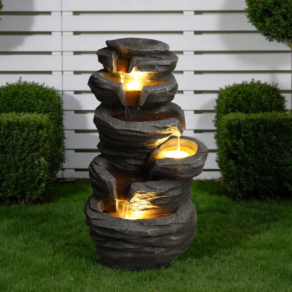 Stacked Rock Waterfall Fountain With Lights For Patio Garden Decor