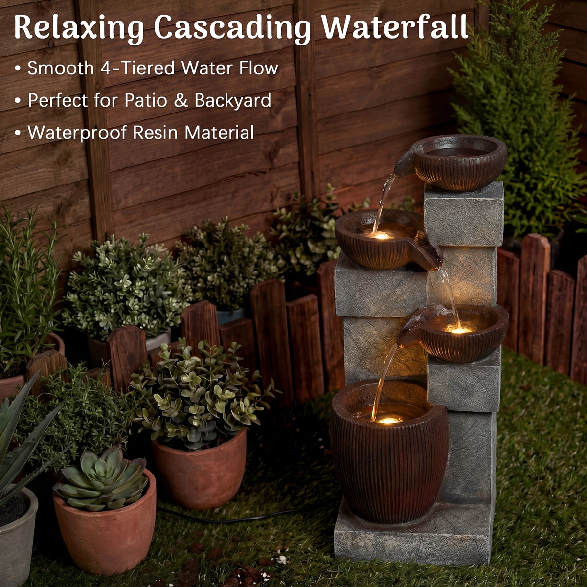 Cascading Water Fountain With LED Lights And Adjustable Flow Pump