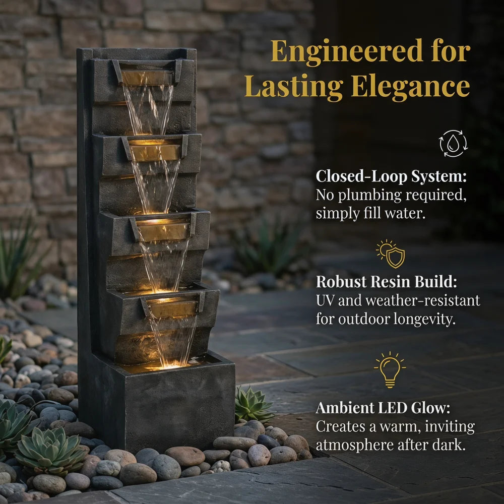 Four Tier Cascading Outdoor Water Fountain With Warm LED Lights