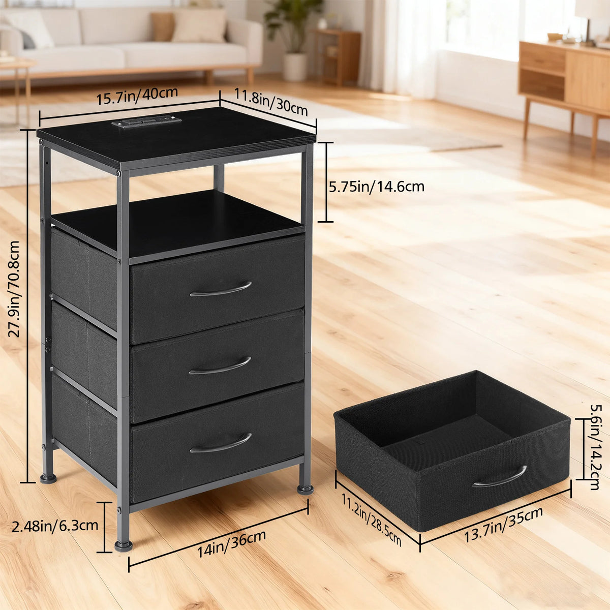 JHK Fabric Drawer Nightstand With Charging Station And USB Ports