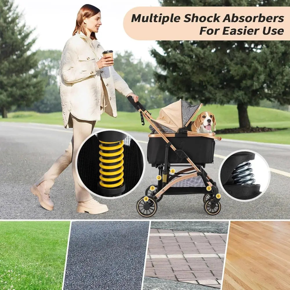 Pet Stroller With Shock Absorbers Storage Basket And Dual Brakes