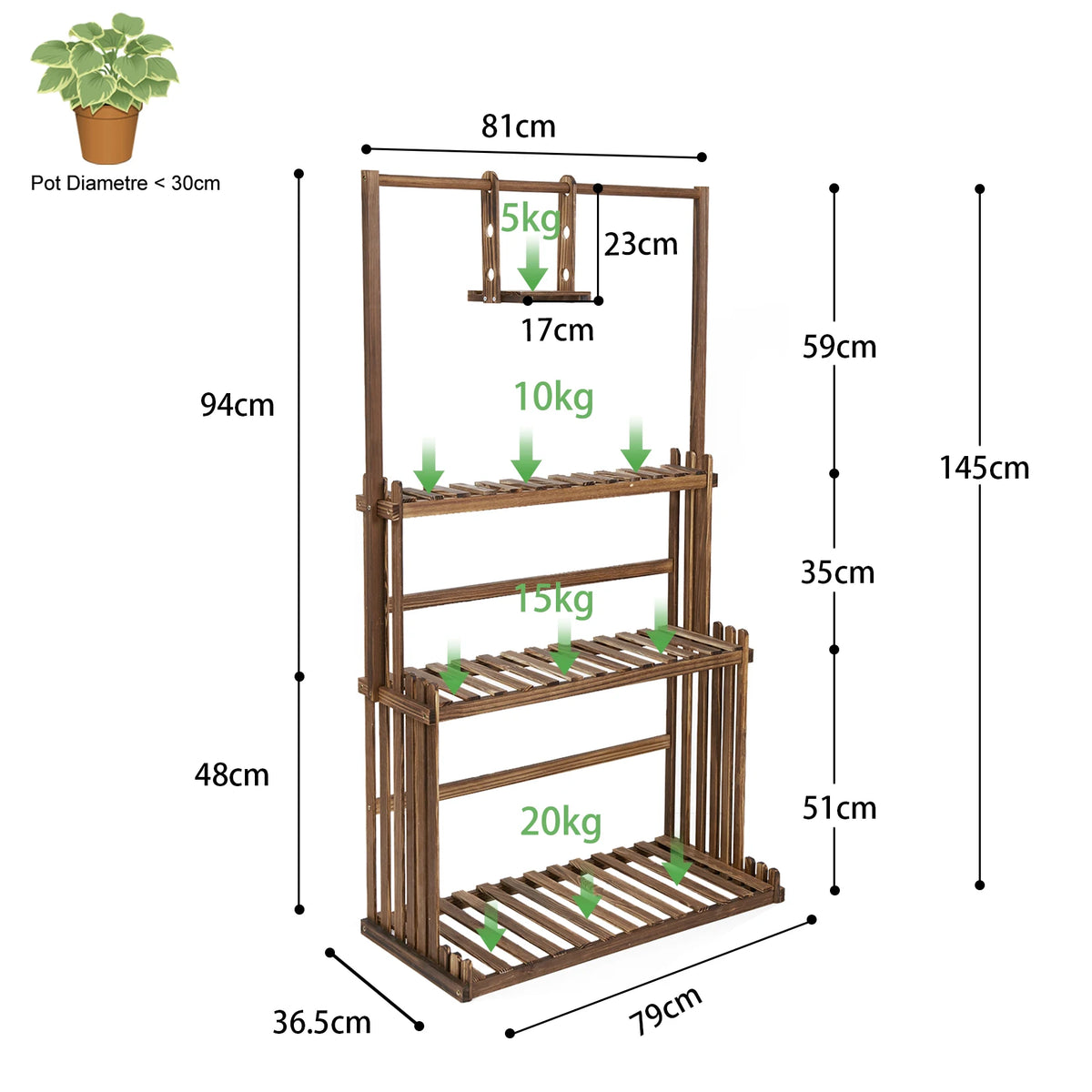 Wooden Hanging Plant Stand With Three Tier Flower Shelves