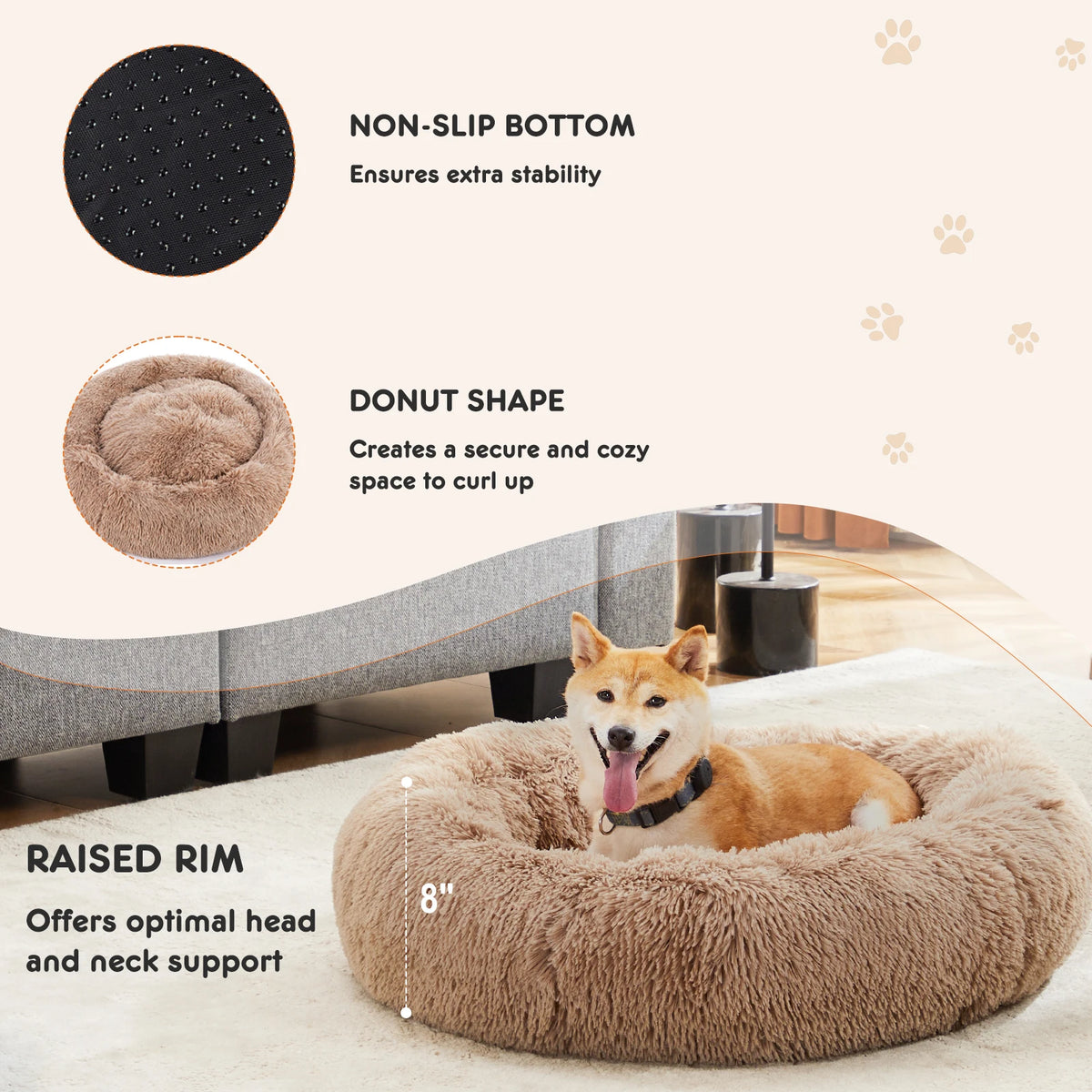 JHK Calming Washable Non Slip Plush Faux Fur Dog Bed