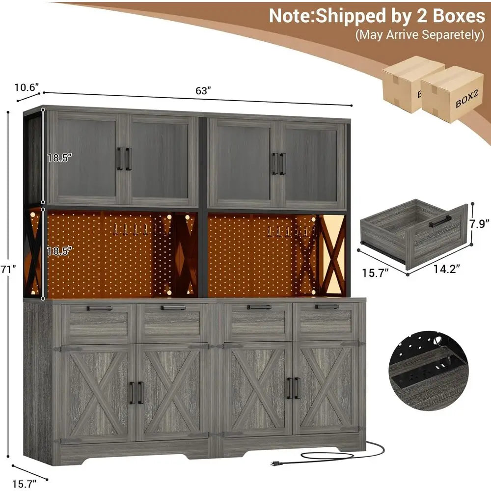 Kitchen Pantry Storage Cabinet With LED Lighting, Outlet And Countertop