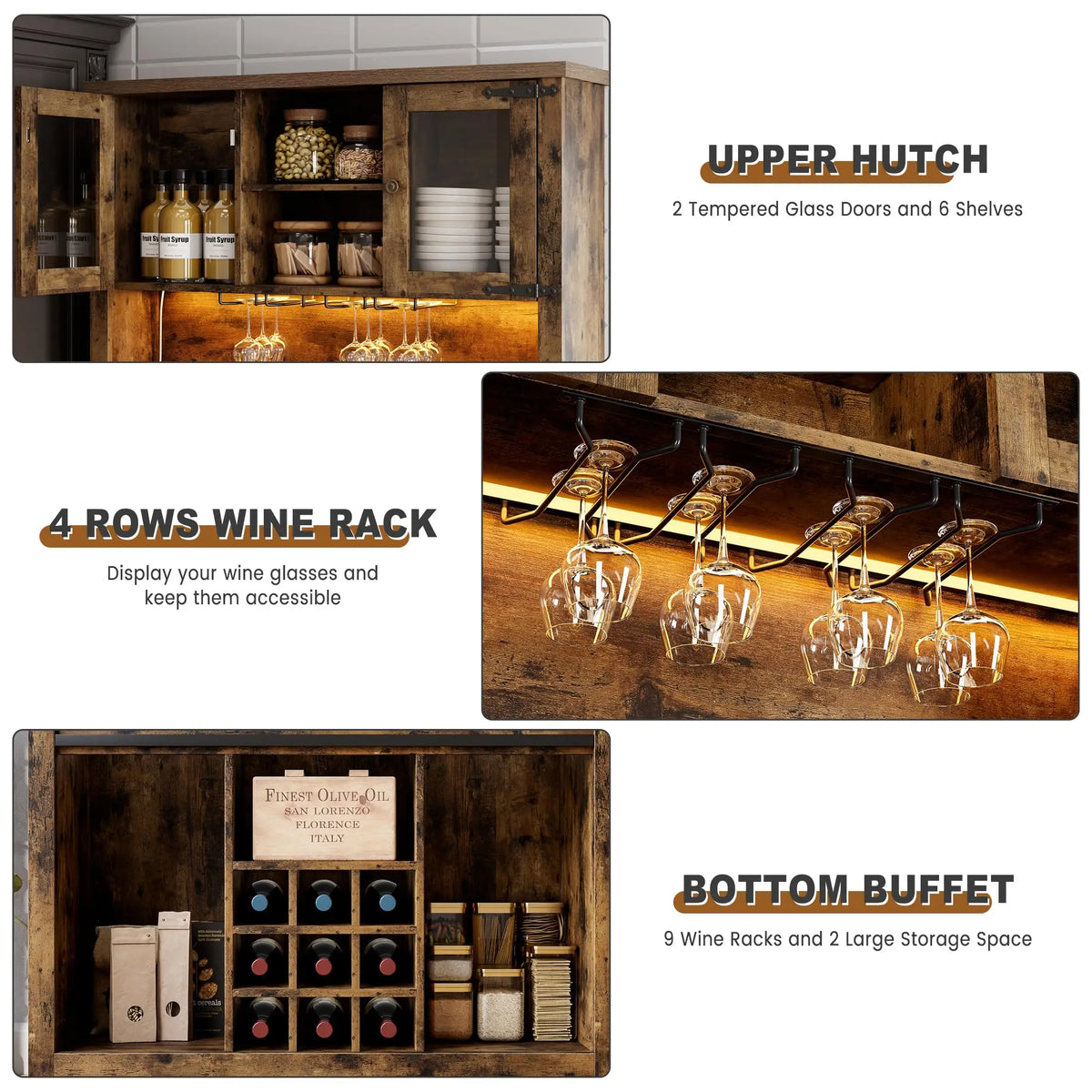 HiMISS Farmhouse Coffee Bar Cabinet With LED Lights And Storage