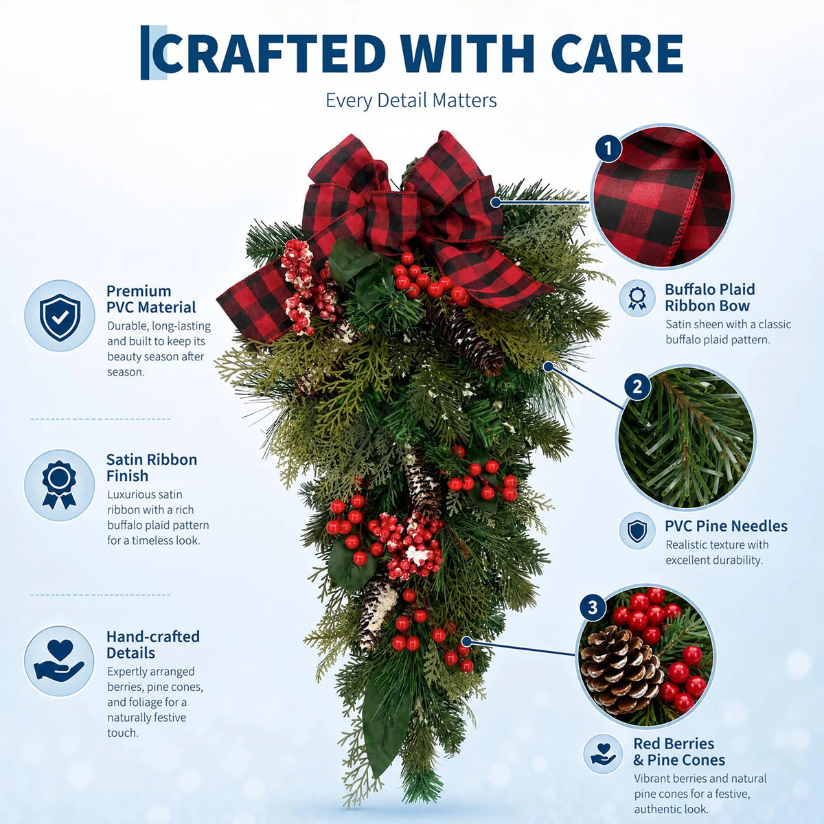 HiMISS Farmhouse Christmas Teardrop Swag With Plaid Bow And Pinecones