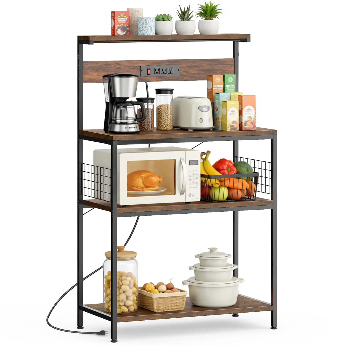 JHK Bakers Rack With Power Outlet And Tiered Storage Shelves