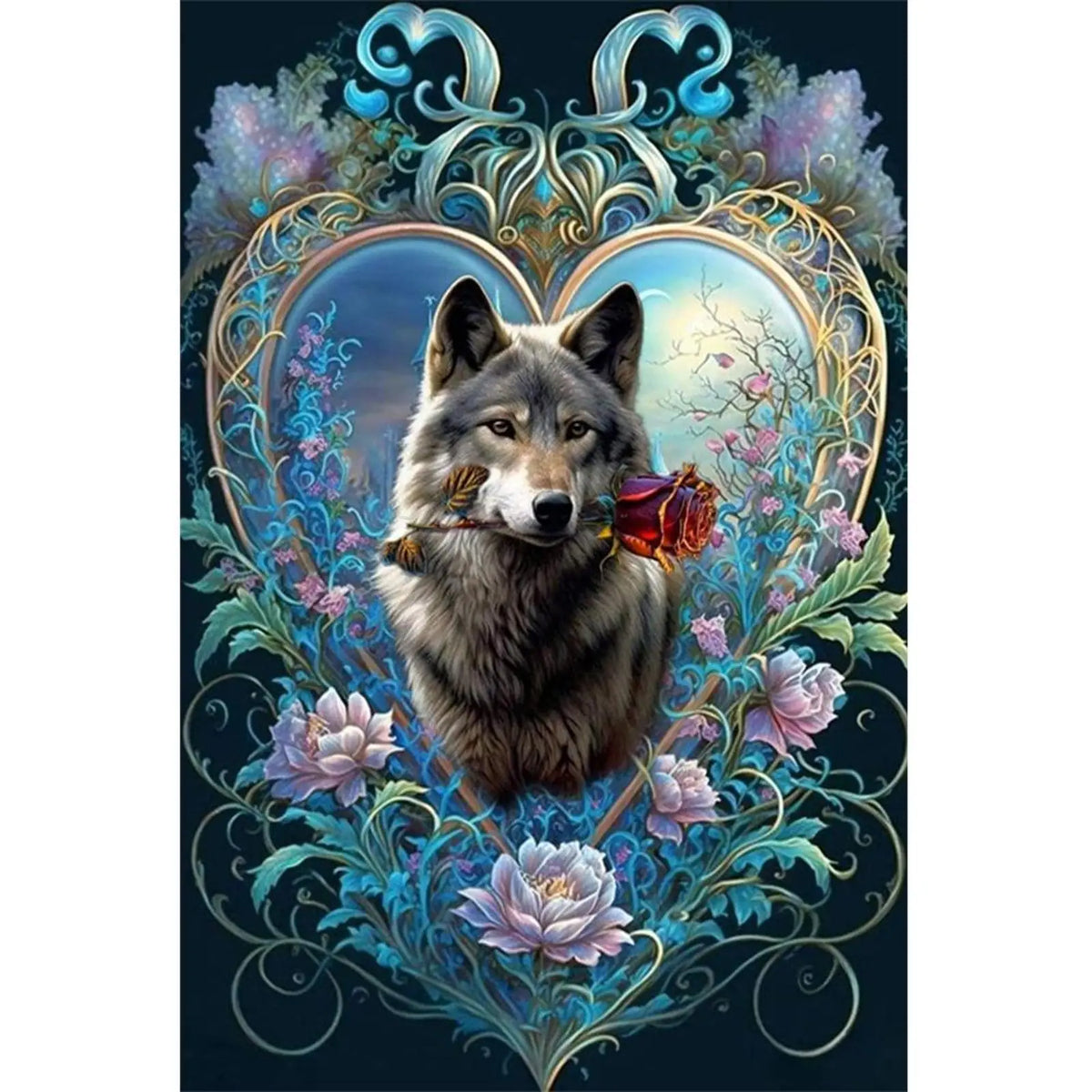 DIY Wolf With Rose Diamond Painting Full Round Drill Kit