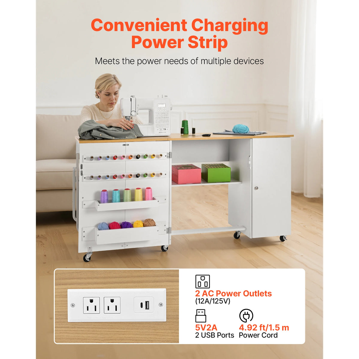 SucceBuy Folding Sewing Table With Cabinet And Charging Station Desk