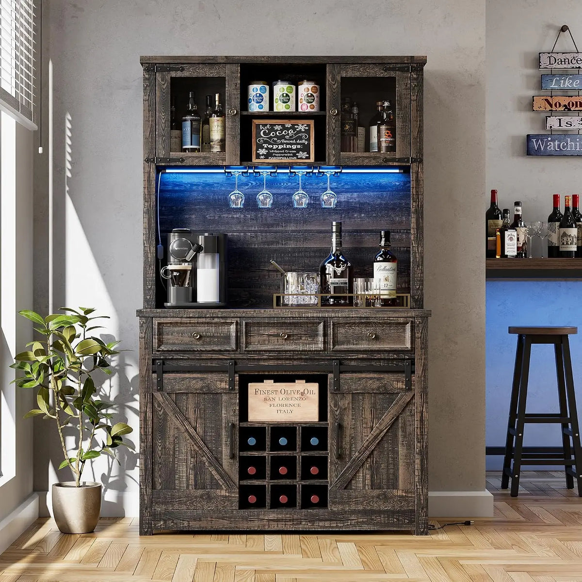 HiMISS Farmhouse Coffee Bar Cabinet With LED Lights And Storage