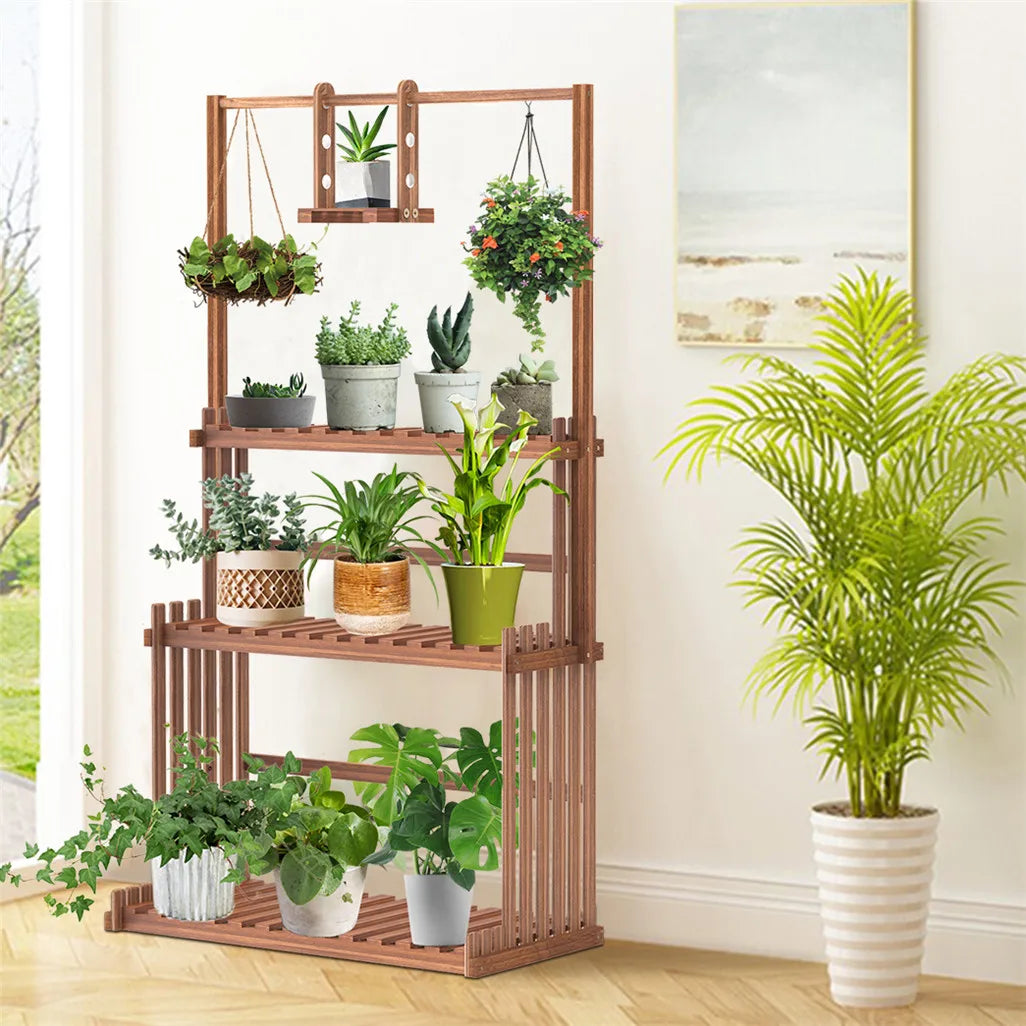 Wooden Hanging Plant Stand With Three Tier Flower Shelves