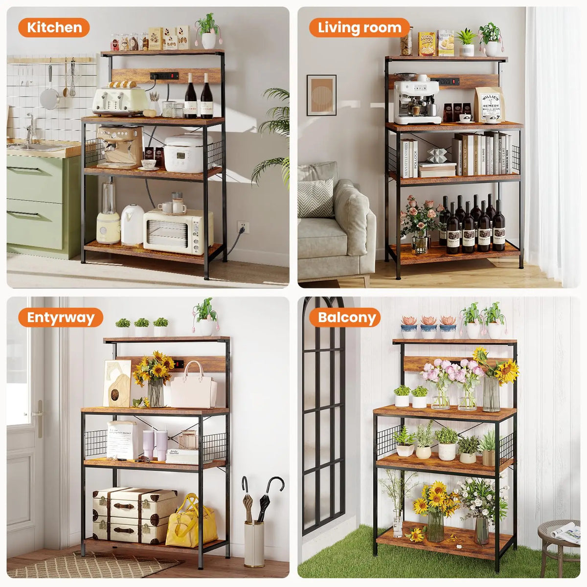 JHK Bakers Rack With Power Outlet And Tiered Storage Shelves