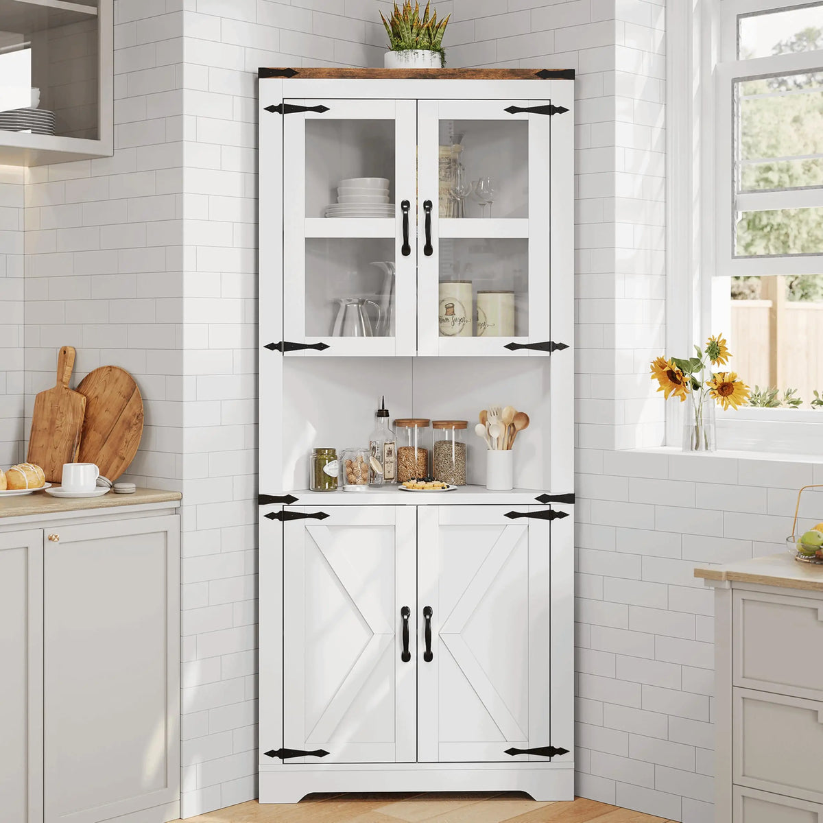 HiMISS Farmhouse Corner Cabinet With Glass Door And Adjustable Shelves