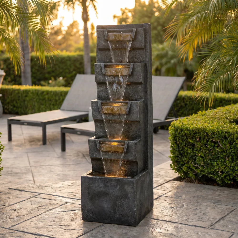 Four Tier Cascading Outdoor Water Fountain With Warm LED Lights