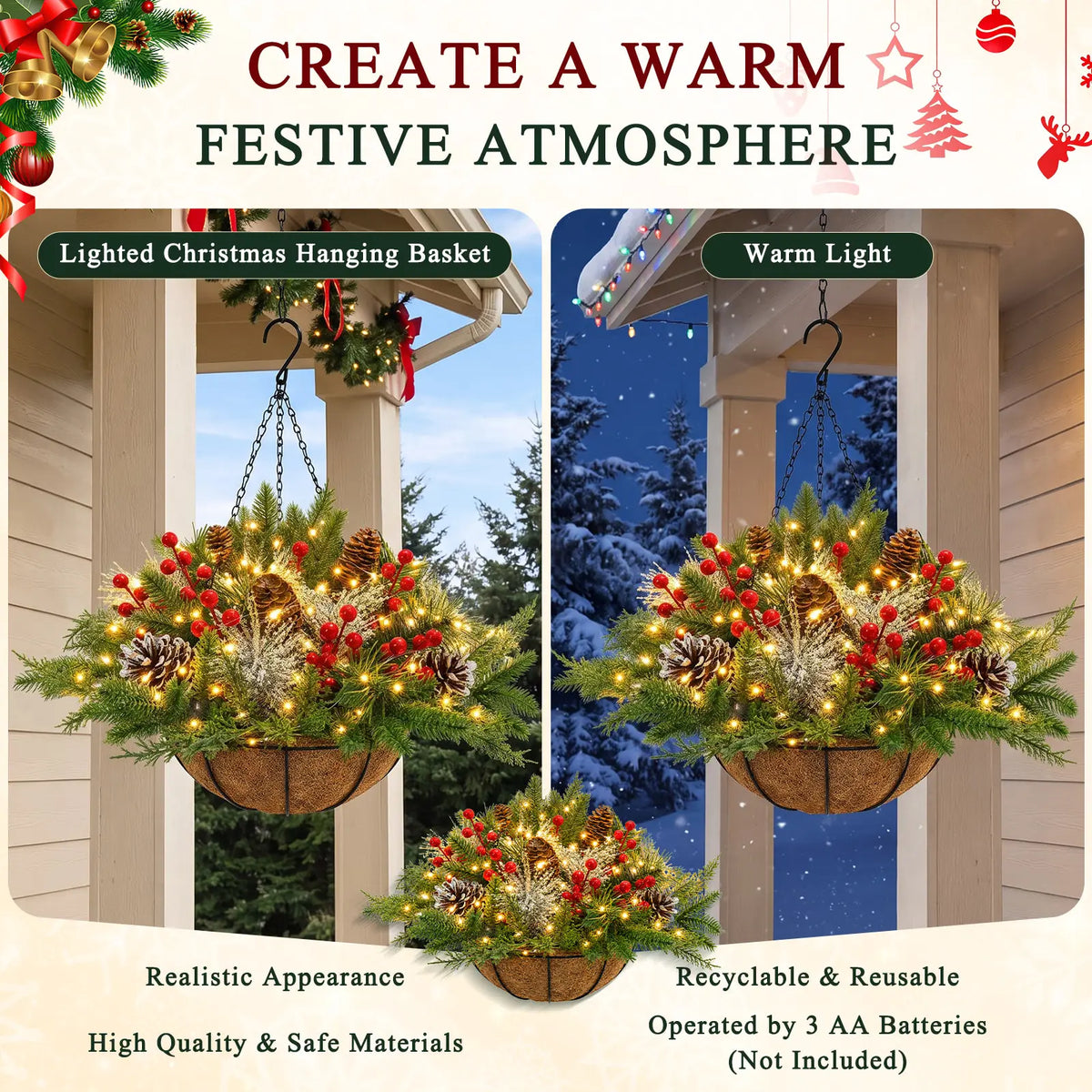 Artificial Christmas Hanging Basket With LED String Lights