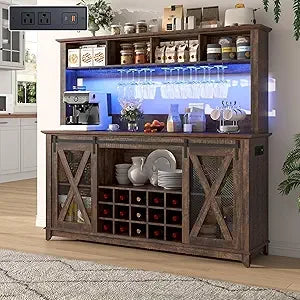 XIUWO Farmhouse Coffee Bar Cabinet LED Lighting And Wine Storage