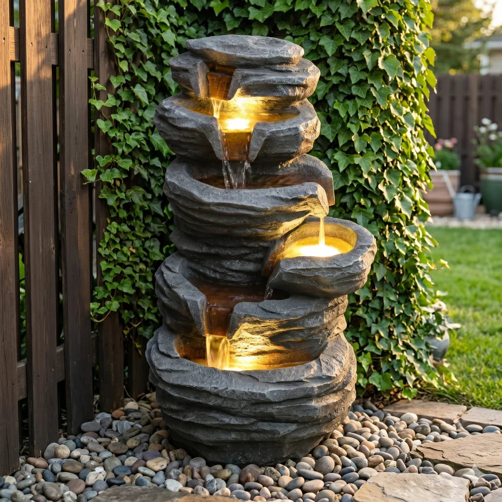 Stacked Rock Waterfall Fountain With Lights For Patio Garden Decor
