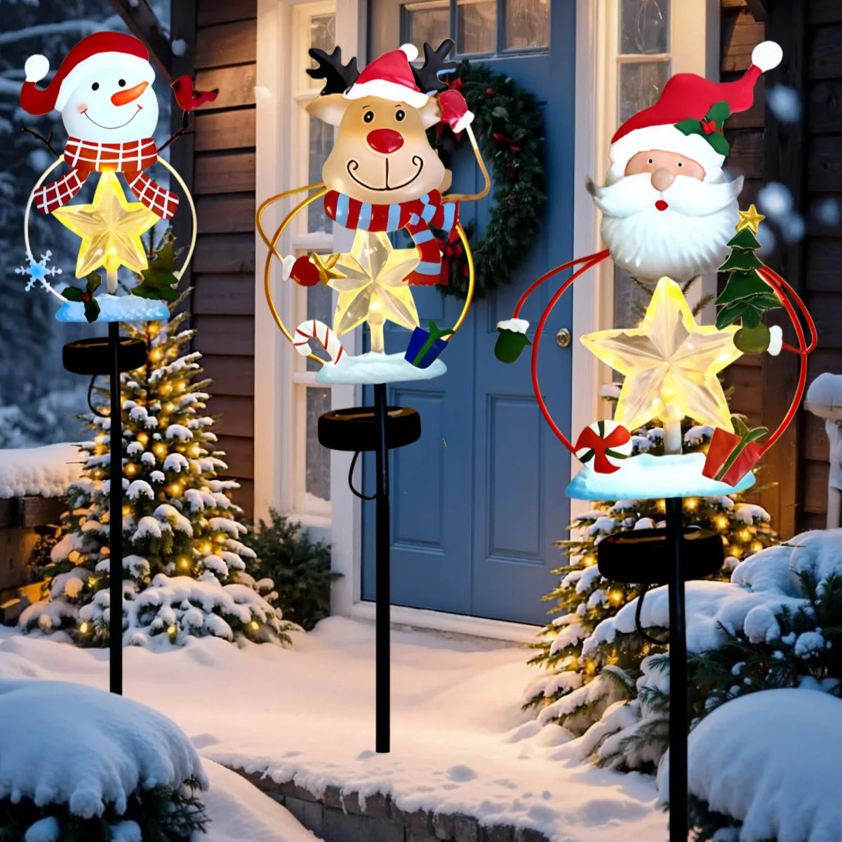 Solar Christmas Garden Stake Lights With Snowman Santa And Reindeer