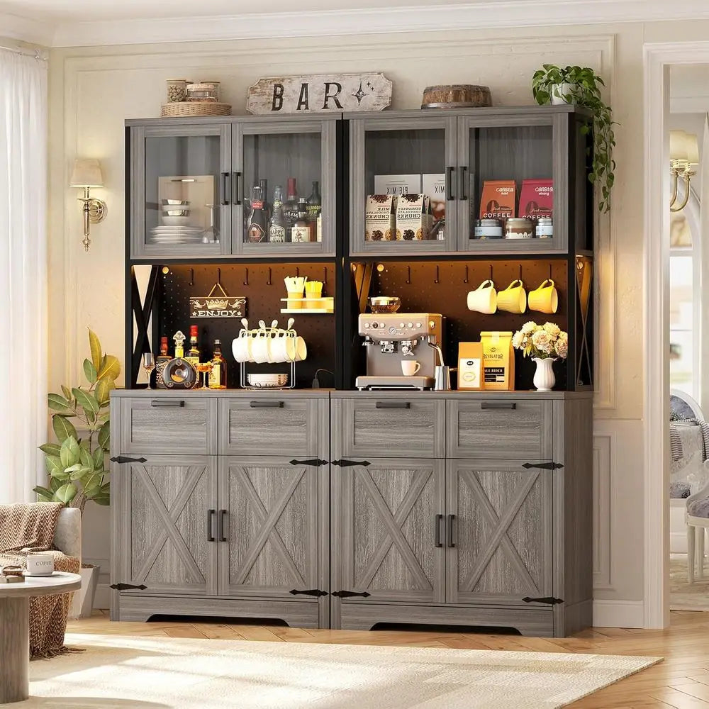 Kitchen Pantry Storage Cabinet With LED Lighting, Outlet And Countertop
