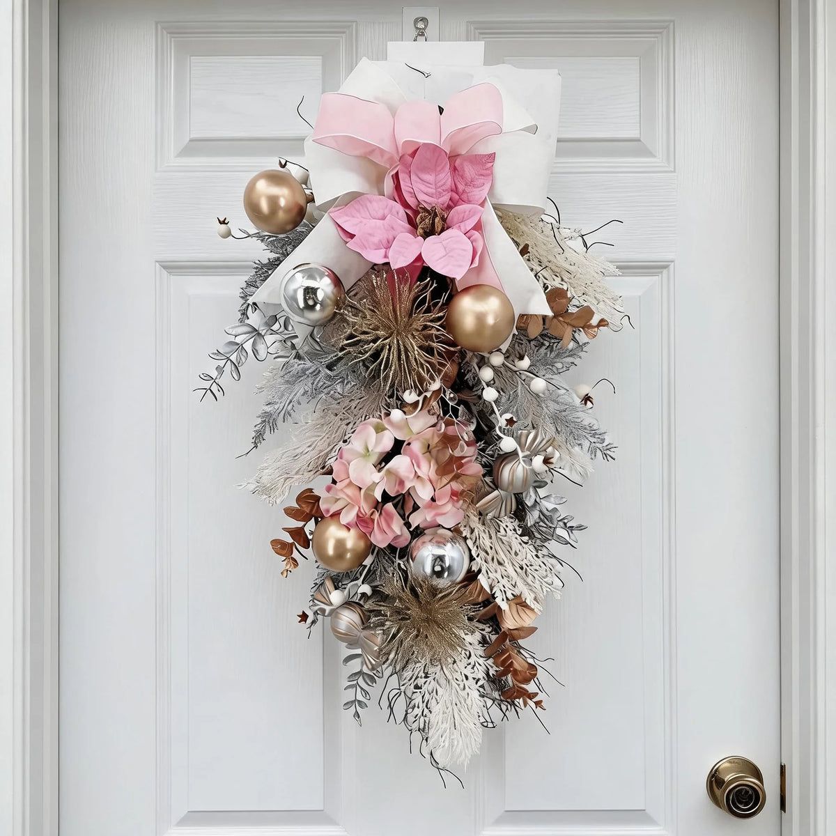 HiMISS Frosted Christmas Teardrop Swag With Satin Ribbon Bow