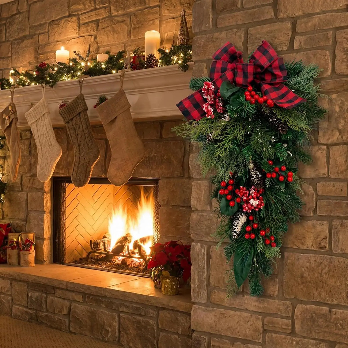 HiMISS Farmhouse Christmas Teardrop Swag With Plaid Bow And Pinecones