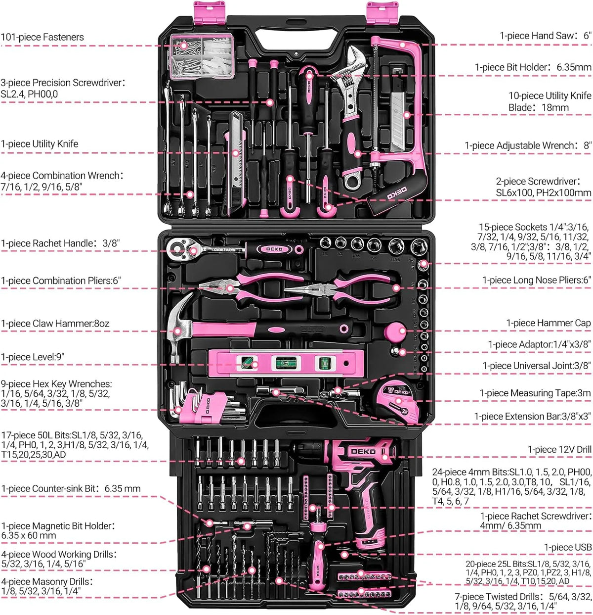 DEKO 12V Cordless Drill and Tool Set in Portable Toolbox
