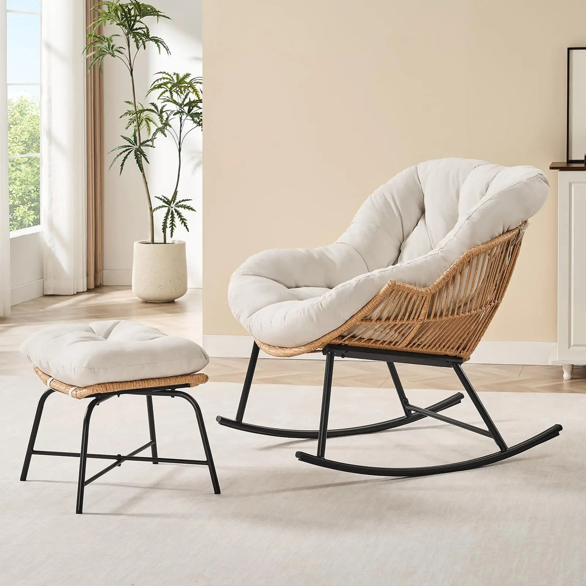 ONBRILL Rattan Papasan Rocking Chair With Ottoman for Patio Lounge