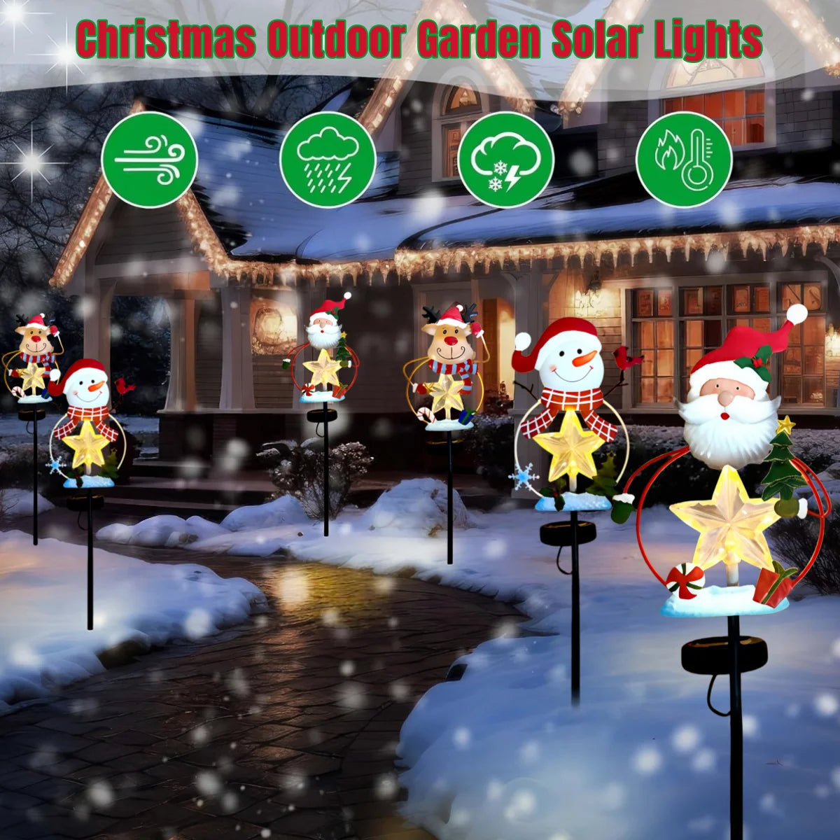 Solar Christmas Garden Stake Lights With Snowman Santa And Reindeer