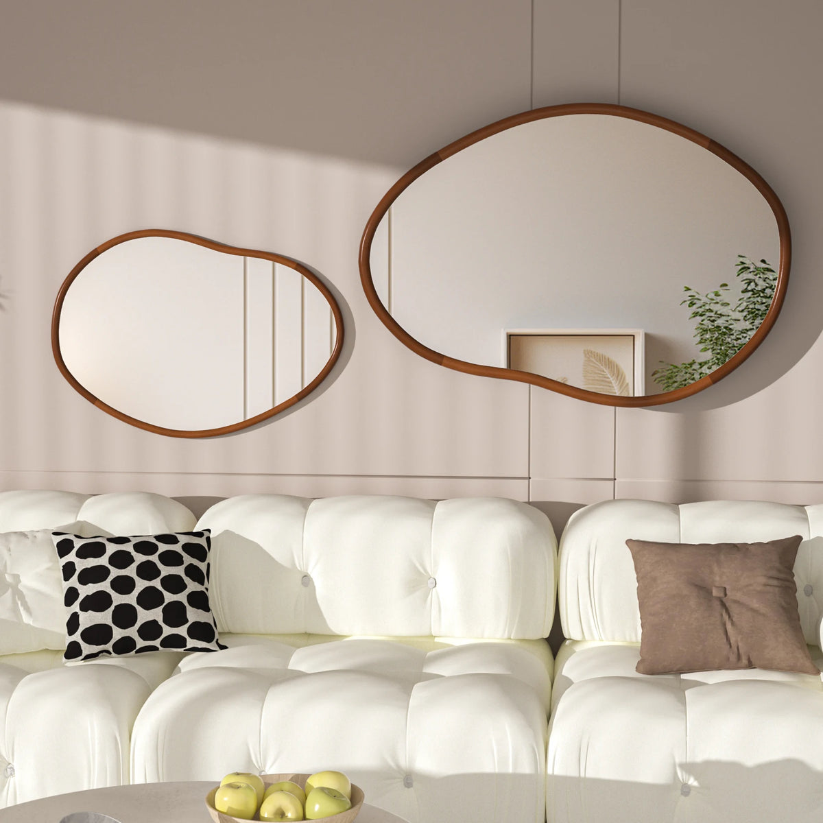 Mid Century Asymmetrical Wood Frame Decorative Wall Mirror for Entryway