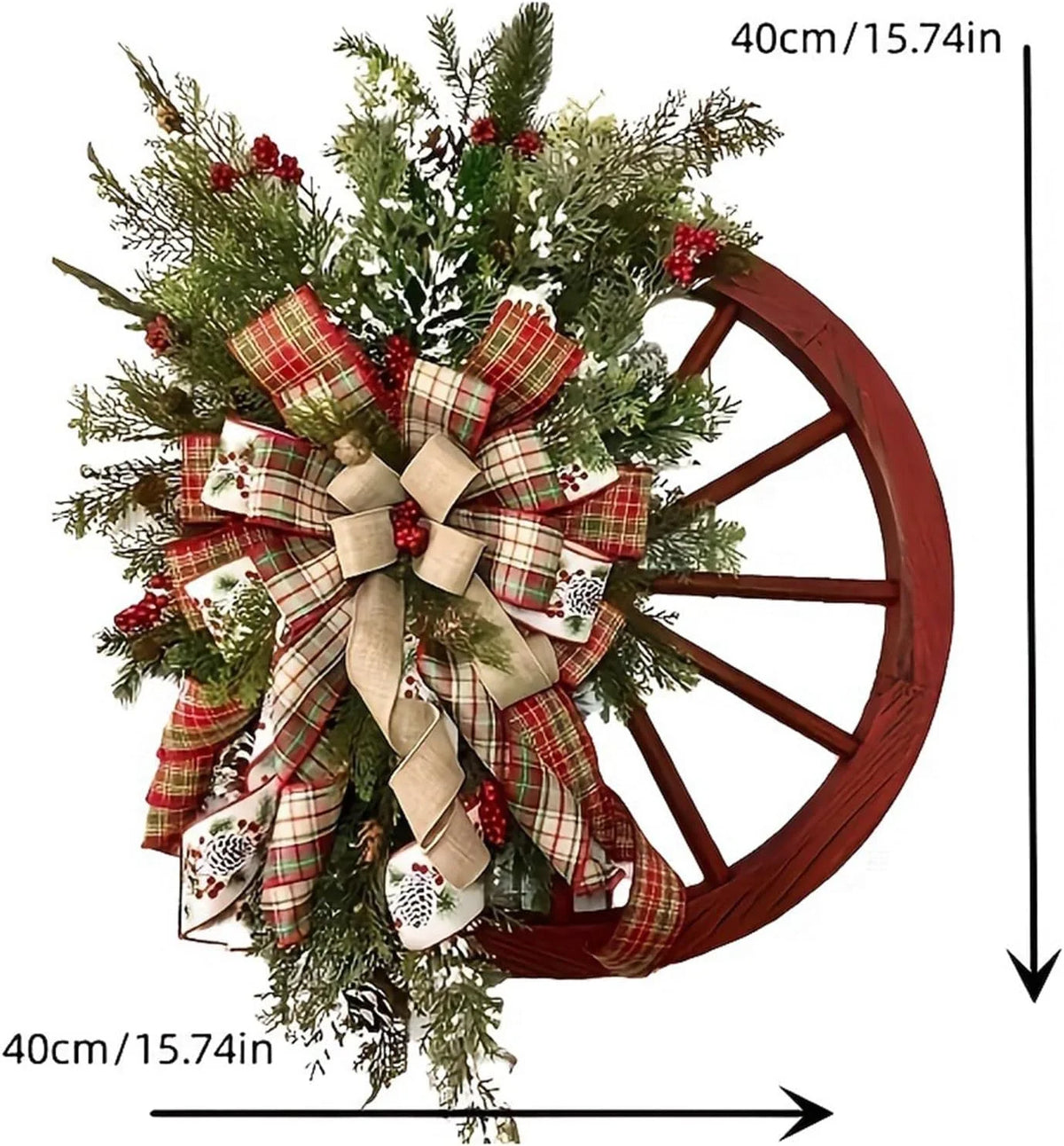 Farmhouse Christmas Wagon Wheel Wreath With Plaid Bows And Berries