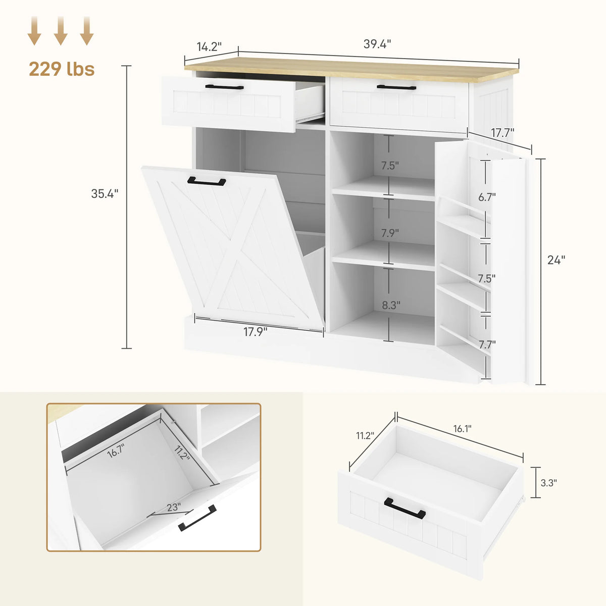 HOMCOM Tilt Out Trash Cabinet With Hidden Bin And Drawers
