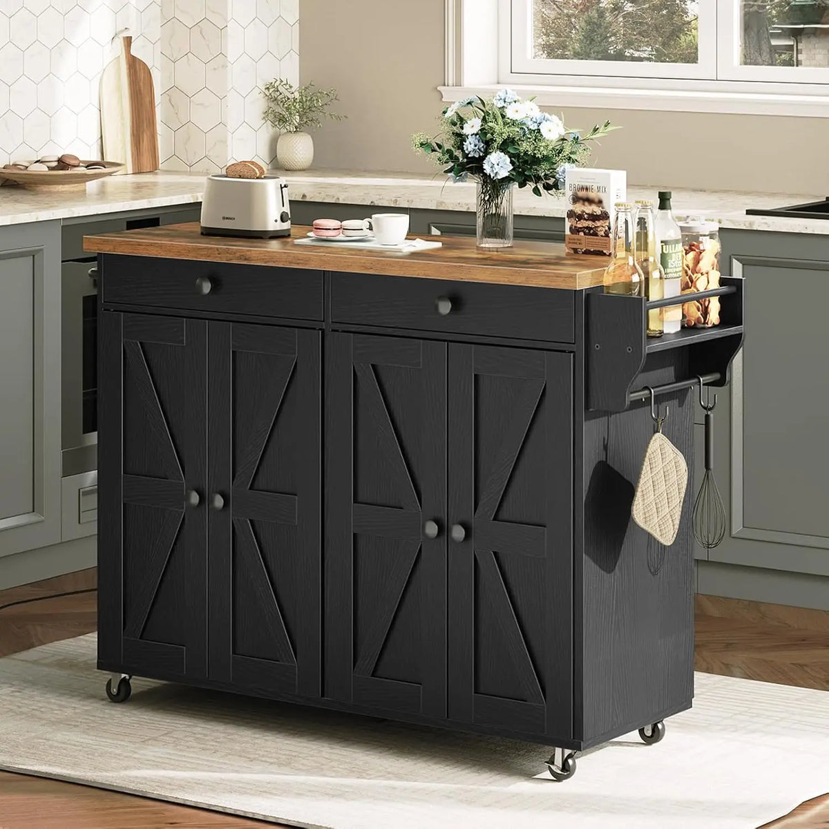 Kitchen Island Cart With Power Outlet, Storage, Spice Rack And Hooks