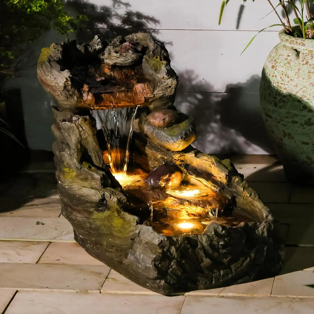 Tree Trunk Outdoor Waterfall Fountain With LED Lights For Garden