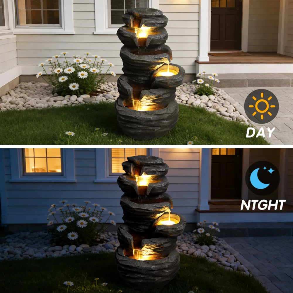 Stacked Rock Waterfall Fountain With Lights For Patio Garden Decor