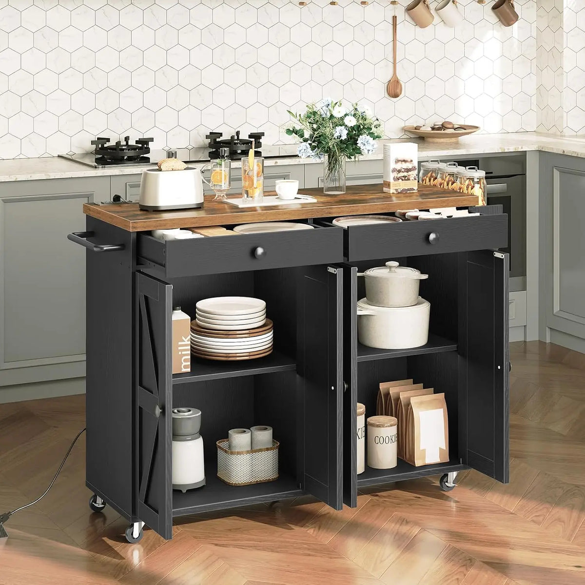 Kitchen Island Cart With Power Outlet, Storage, Spice Rack And Hooks