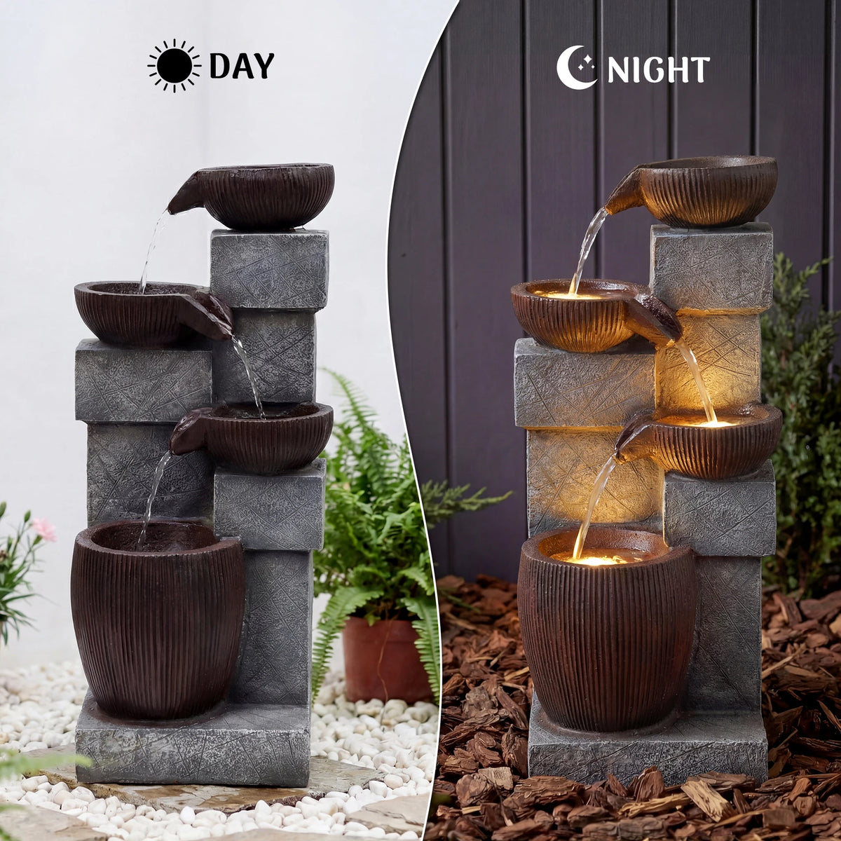 Cascading Water Fountain With LED Lights And Adjustable Flow Pump