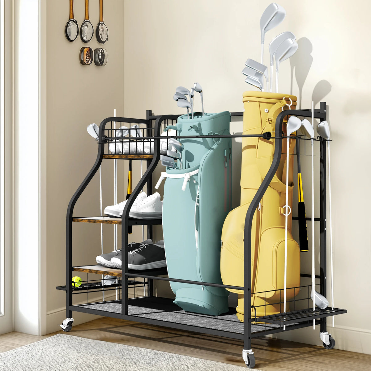 Rolling Golf Bag Storage Rack With Wheels And Metal Shelves