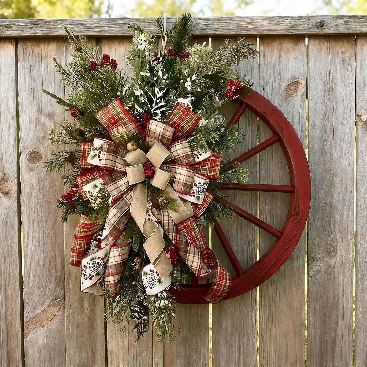 Farmhouse Christmas Wagon Wheel Wreath With Plaid Bows And Berries