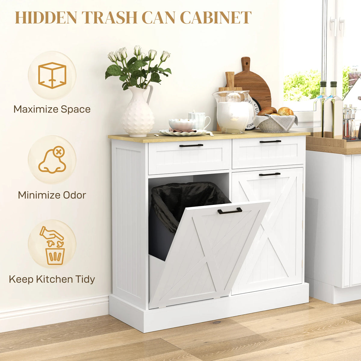 HOMCOM Tilt Out Trash Cabinet With Hidden Bin And Drawers
