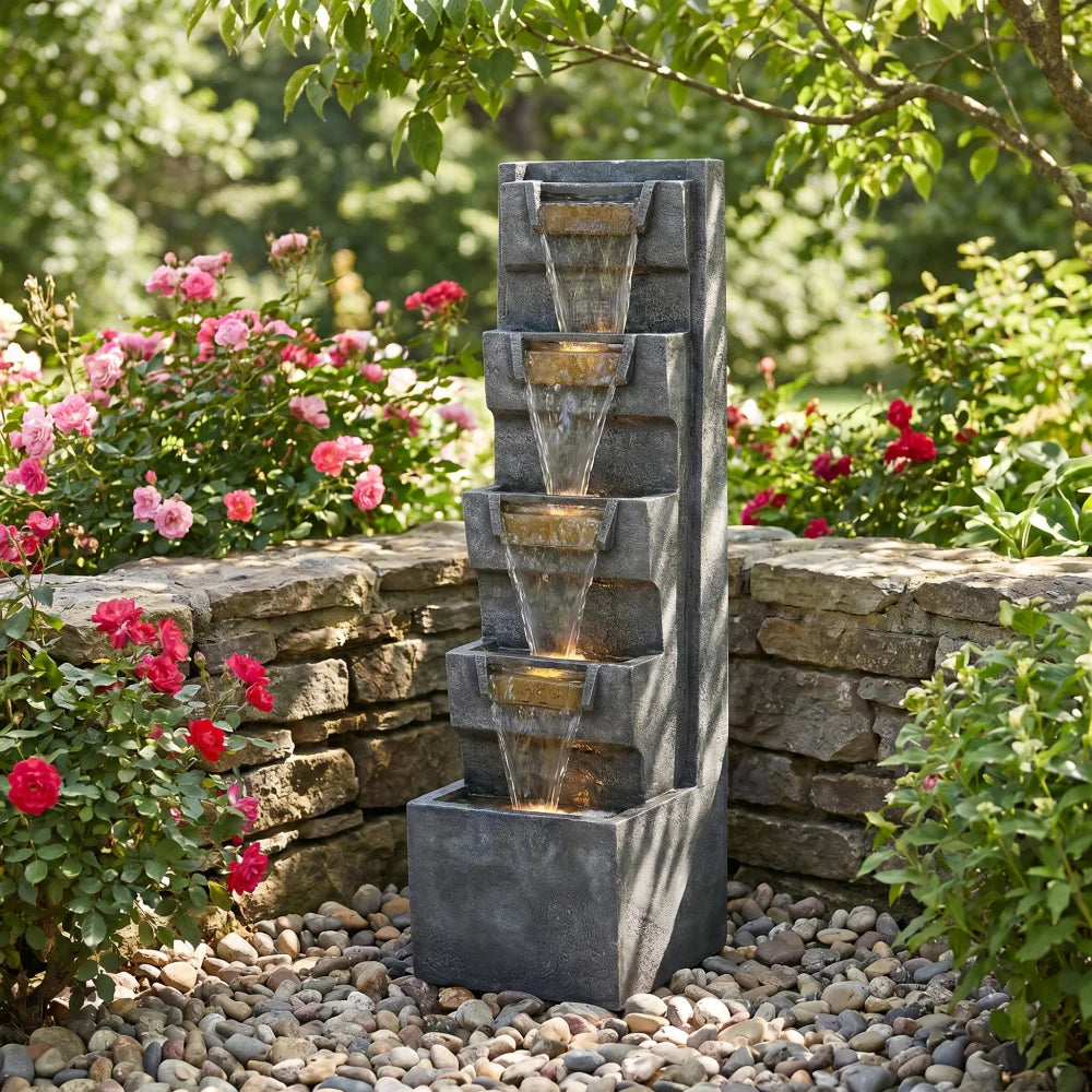 Four Tier Cascading Outdoor Water Fountain With Warm LED Lights