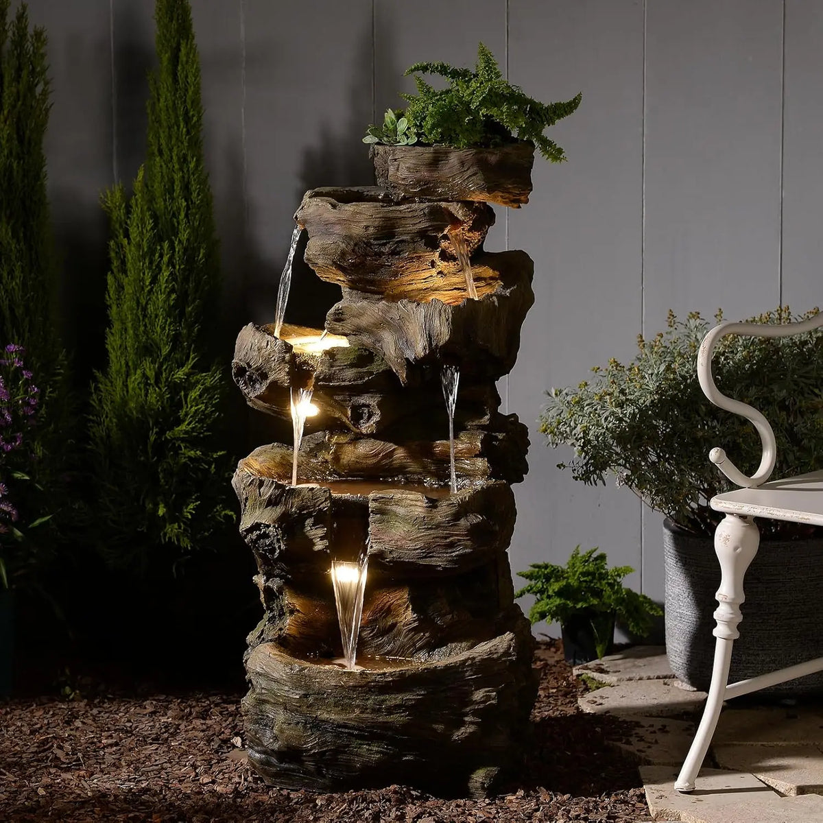 Tree Trunk Outdoor Waterfall Fountain With LED Lights For Garden