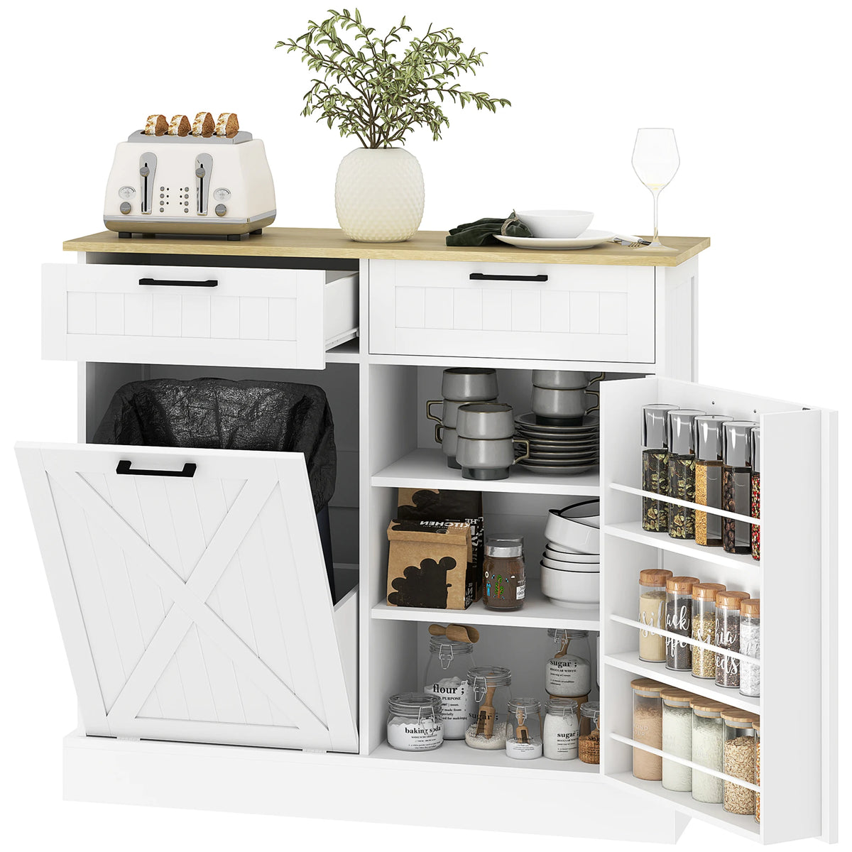HOMCOM Tilt Out Trash Cabinet With Hidden Bin And Drawers