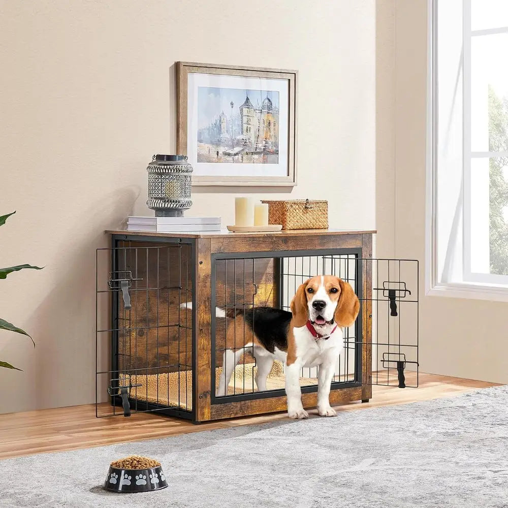Wooden Dog Crate Furniture With Cushion And Double Door Kennel